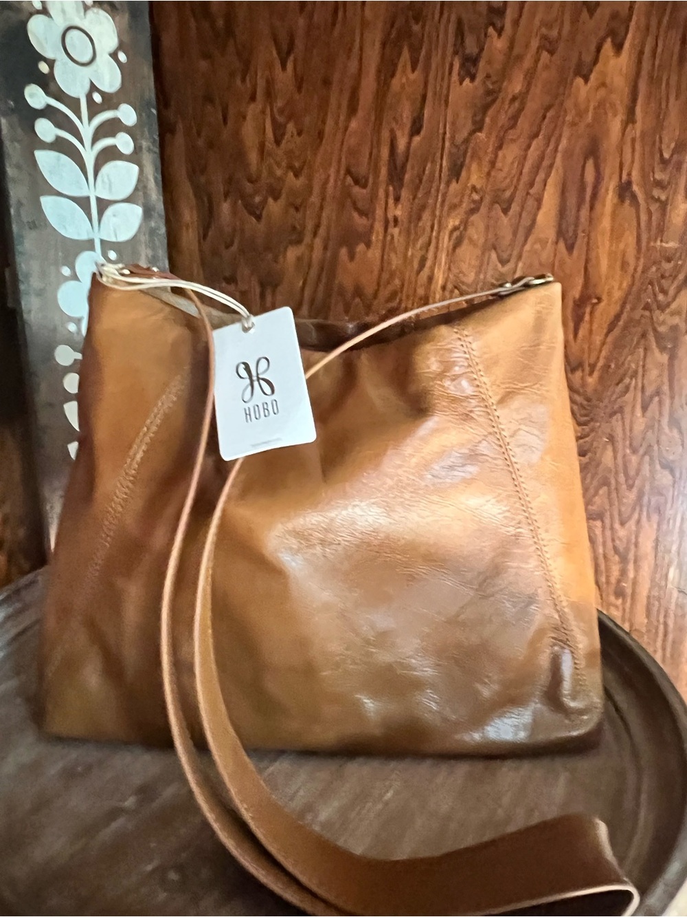 HOBO Tan Caramel Leather Crossbody Shoulder Bag with Back Pocket